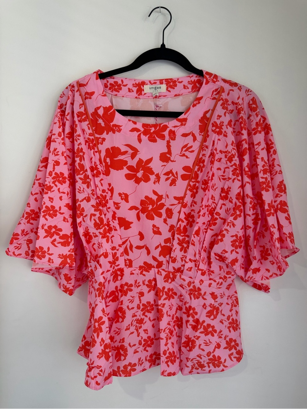 Umgee Pink with Red Floral Flutter-Sleeve Blouse NWT